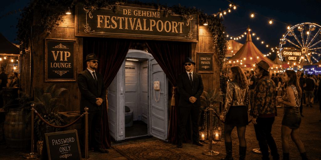 Verborgen grijze Dixi-cabine met EventTelefoon achter fluwelen gordijnen bij een VIP Lounge op een sfeervol festivalterrein met beveiligers, lichtslingers en feestende gasten.