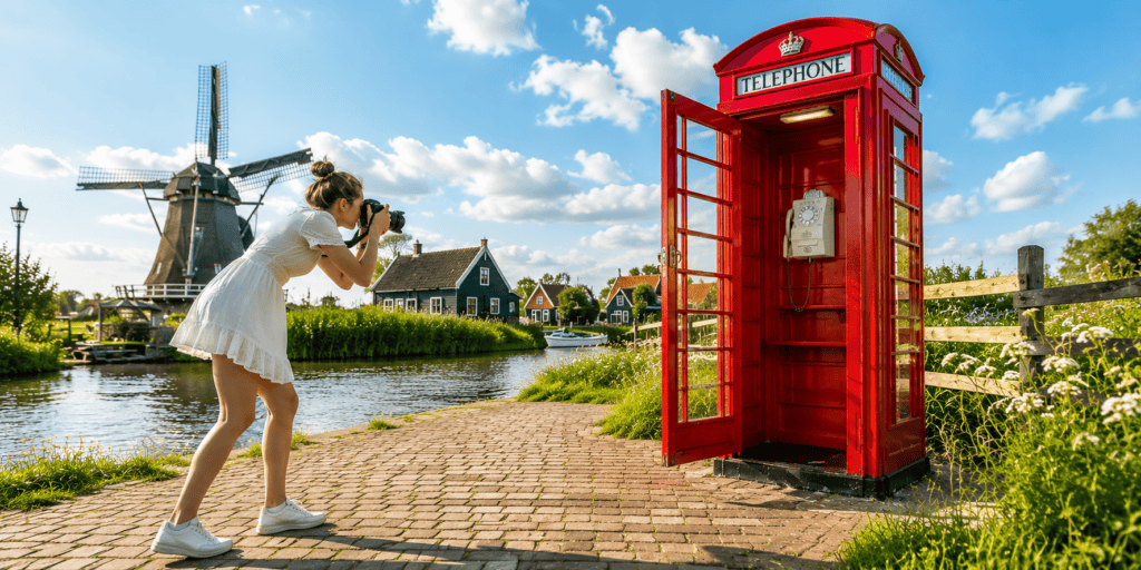 Fotografe fotografeert een rode Britse telefooncel in een Nederlands polderlandschap met molen, water en traditionele huizen.
