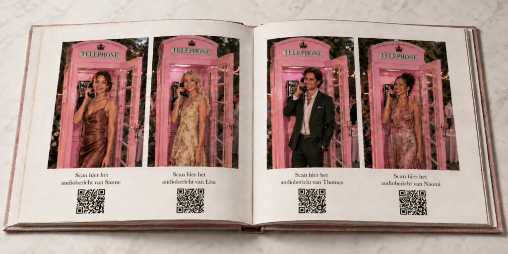Open fotoboek met vier gasten bij een roze telefooncel van EventTelefoon, voorzien van QR-codes om hun persoonlijke audioberichten te beluisteren.