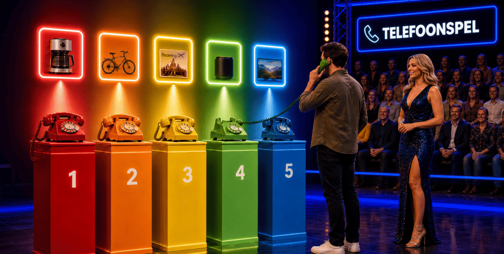 Deelnemer kiest een prijs via een groene retro telefoon tijdens het kleurrijke Telefoonspel van EventTelefoon in een tv-studio.