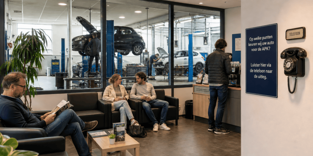 Klanten wachten in de wachtruimte van een garage terwijl monteurs auto’s onderhouden en een wandtelefoon uitleg geeft over de APK-keuring.