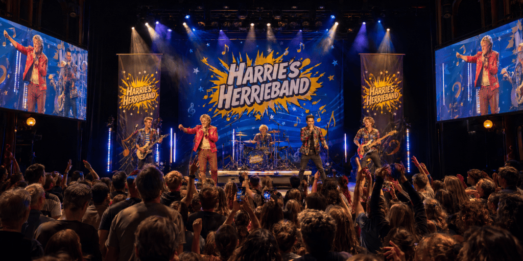 Harrie’s Herrieband treedt op voor een volle concertzaal met kleurrijke podiumverlichting, grote videoschermen en enthousiast publiek.