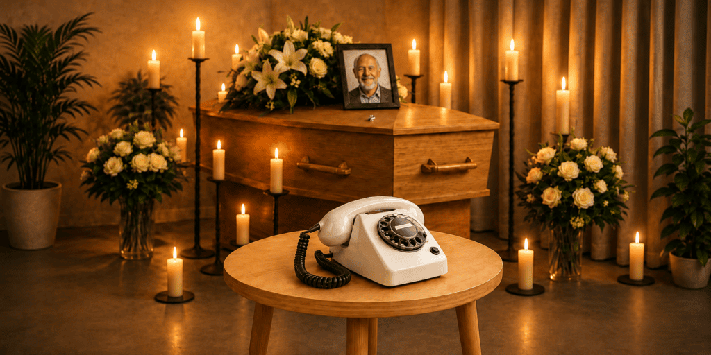 Wit audio-gastenboek van EventTelefoon bij een sfeervolle herdenkingsdienst met kist, bloemen, kaarsen en een portret van de overledene.