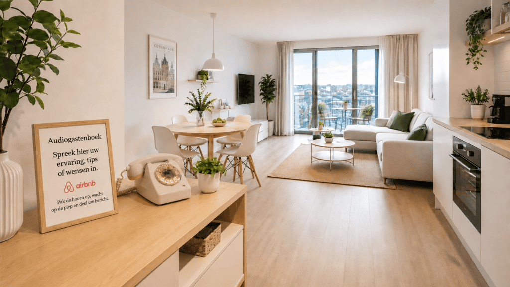 Moderne Airbnb-woonkamer met open keuken, houten eettafel en een retro audiogastenboek-telefoon met instructiebord op een houten kast.