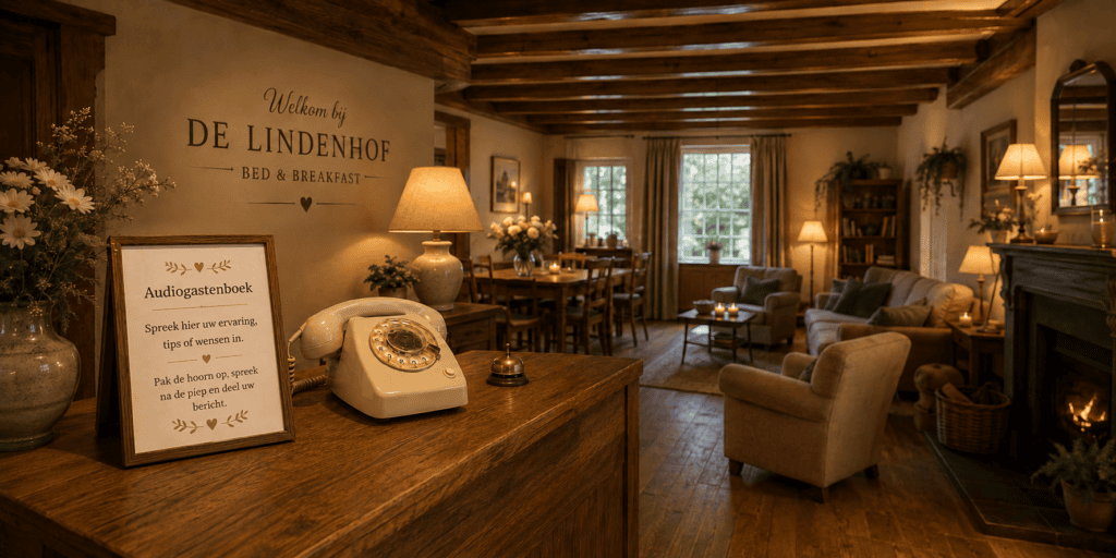 Gezellige ontvangstruimte van Bed & Breakfast De Lindenhof met een crèmekleurige EventTelefoon en bordje voor het inspreken van ervaringen, tips en wensen.
