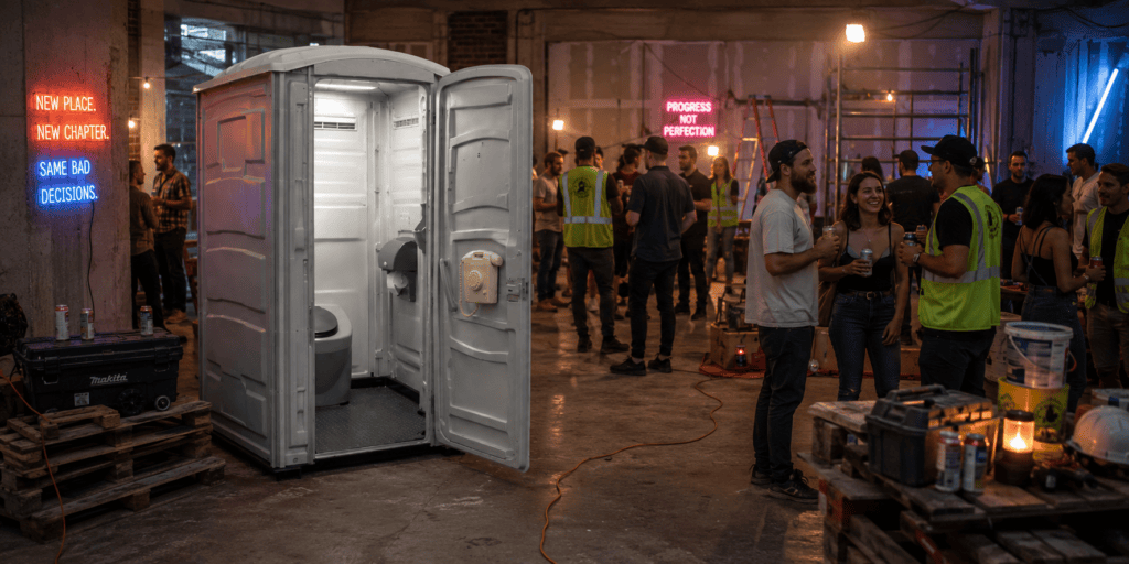 Grijze mobiele Dixi-cabine met EventTelefoon aan de binnenkant van de deur op een industrieel indoor feest met bouwthema, neonverlichting en gasten op de achtergrond.