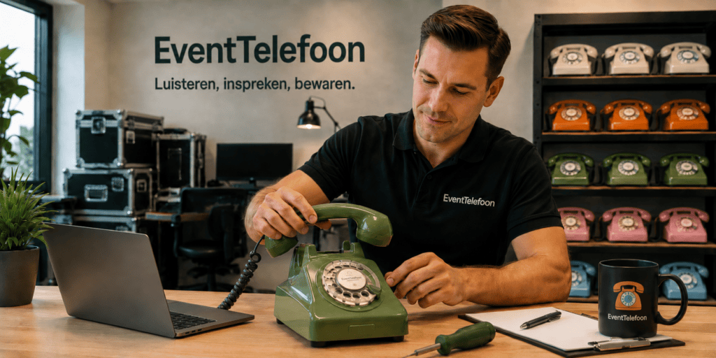 Medewerker van EventTelefoon controleert en test een groene retro telefoon in de werkplaats, met laptop, gereedschap en gekleurde telefoons op de achtergrond.