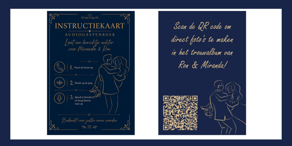 Instructiekaart voor een audiogastenboek met drie stappen en een QR-code waarmee gasten direct foto’s kunnen toevoegen aan het trouwalbum.