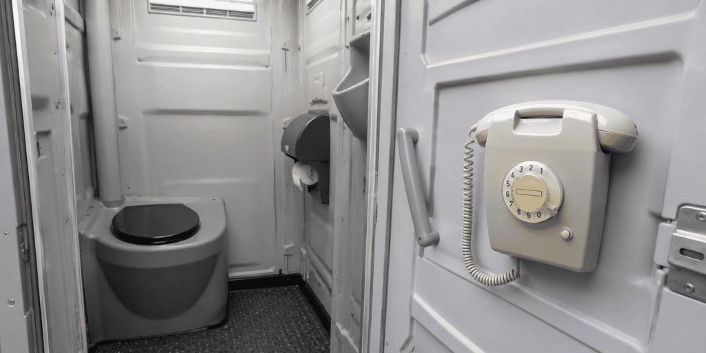 Interieur van een grijze mobiele Dixi-cabine met aan de binnenkant van de deur een crèmekleurige retro draaischijftelefoon, naast een toilet en toiletrolhouder.