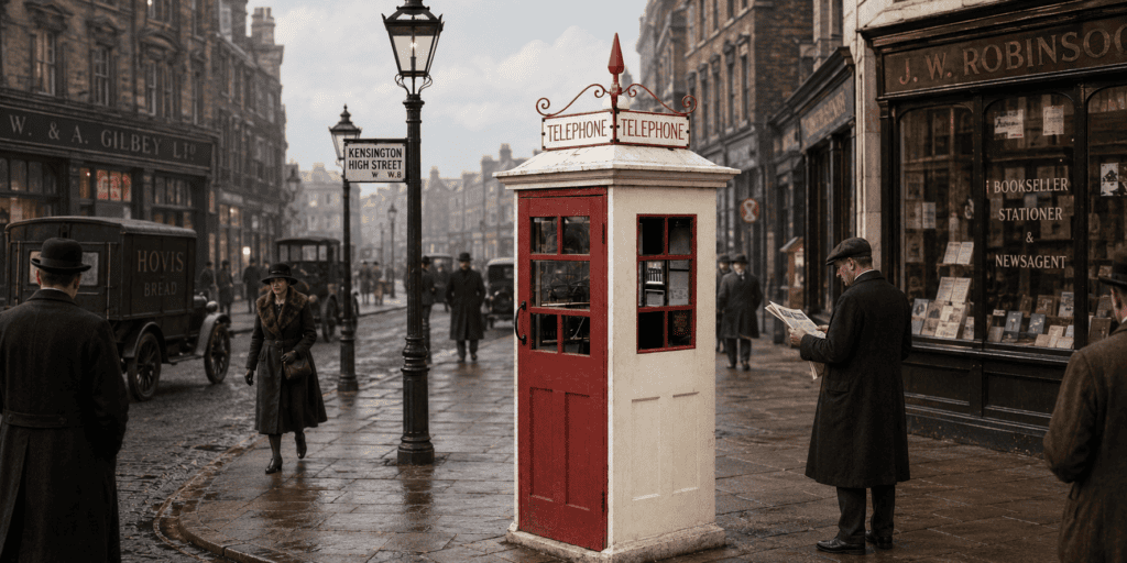 Historisch straatbeeld van Londen in 1921 met een vroege rood-witte Britse telefooncel, voetgangers in jaren twintig kleding, oude winkels en klassieke straatverlichting.