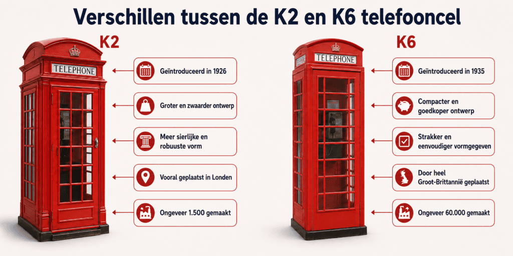Vergelijking tussen de rode Britse K2- en K6-telefooncel met Nederlandse uitleg over ontwerp, introductiejaar, gebruik en productieaantallen.