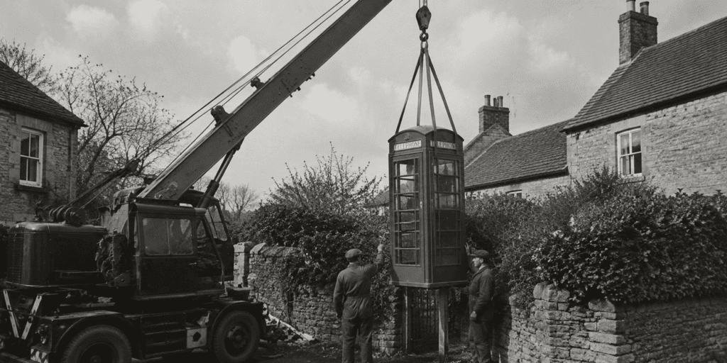 Historisch zwart-witbeeld van monteurs die met een hijskraan een Britse K6-telefooncel plaatsen in een Engels dorp.