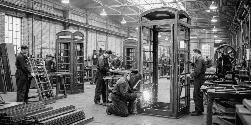 Historisch zwart-witbeeld van arbeiders die in een fabriek de metalen frames van Britse K6-telefooncellen lassen en monteren.