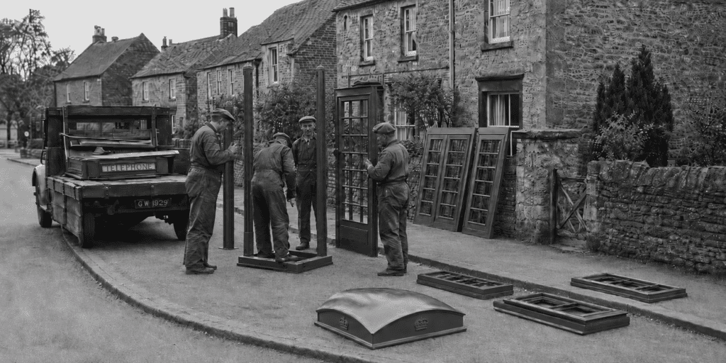 Historisch zwart-witbeeld van monteurs die op straat een Britse K6-telefooncel opbouwen uit losse onderdelen naast een vrachtwagen.