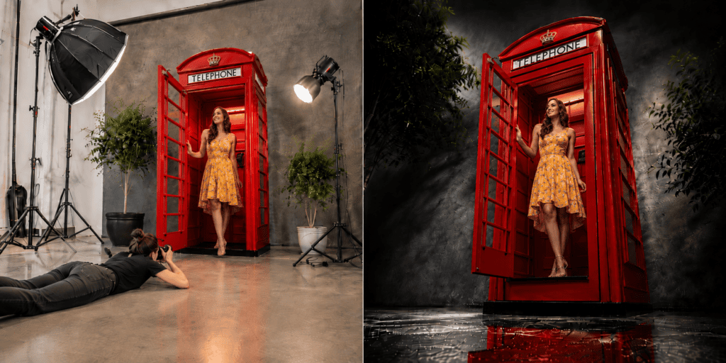 Fotografe maakt vanuit een laag standpunt een portret van een vrouw in een rode Britse telefooncel, met links de studio-opstelling en rechts het eindresultaat.