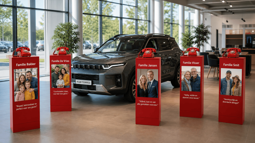 n een moderne autoshowroom met vijf rode EventTelefoons op zuilen waarop klanten hun ervaringen kunnen beluisteren.