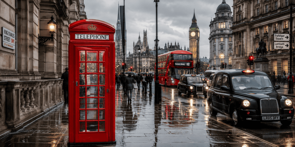 Regenachtige straat in Londen met zwarte taxi’s, een rode dubbeldekker en een felrode Britse telefooncel op de stoep.