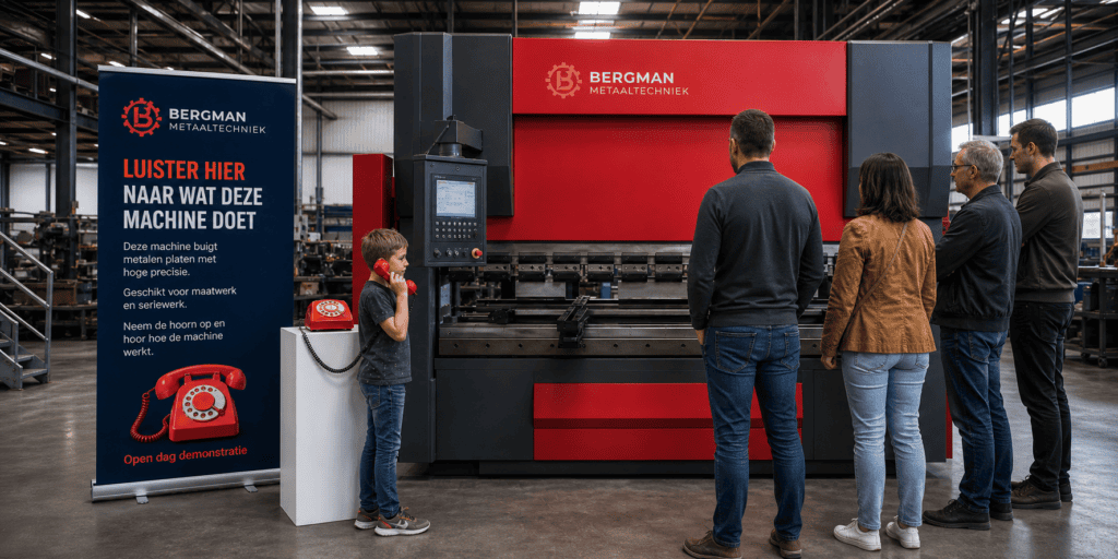 Bezoekers bekijken tijdens een open dag een grote metaalbewerkingsmachine van Bergman Metaaltechniek, terwijl een jongen via een rode EventTelefoon uitleg over de machine beluistert.