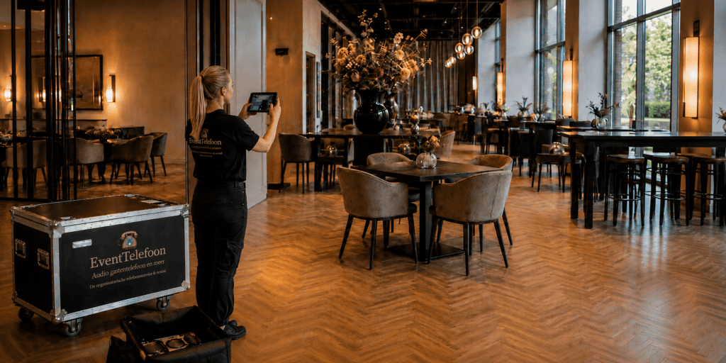 Medewerker van EventTelefoon fotografeert een sfeervolle evenementenlocatie naast een flightcase met apparatuur.