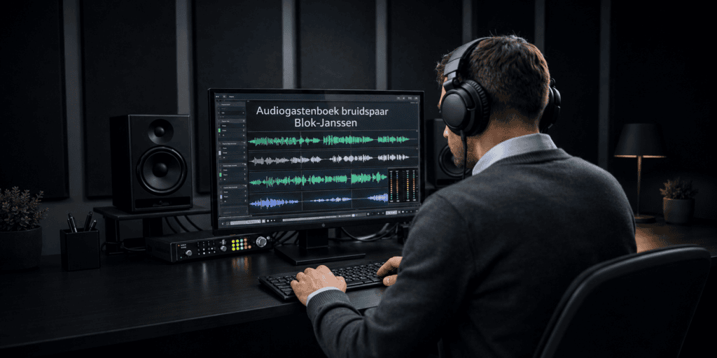 Audiotechnicus bewerkt met een koptelefoon de geluidsopnamen van het seminar ‘Visie 2030’ in een professionele studio.