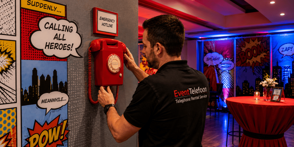 Medewerker van EventTelefoon installeert een rode retro wandtelefoon in een kleurrijk superhelden- en stripthema op een evenement.