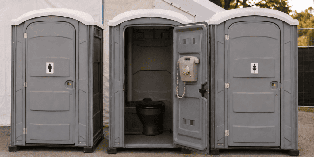 Drie grijze mobiele Dixi-cabines op een evenemententerrein, waarbij de middelste cabine openstaat en aan de binnenkant van de deur een crèmekleurige retro EventTelefoon met draaischijf hangt.
