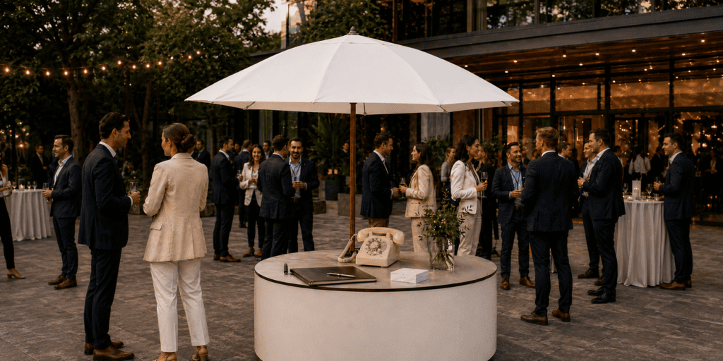 Zakelijke gasten netwerken rond een stijlvol audiogastenboek met retro telefoon onder een witte parasol op een modern buitenterras.