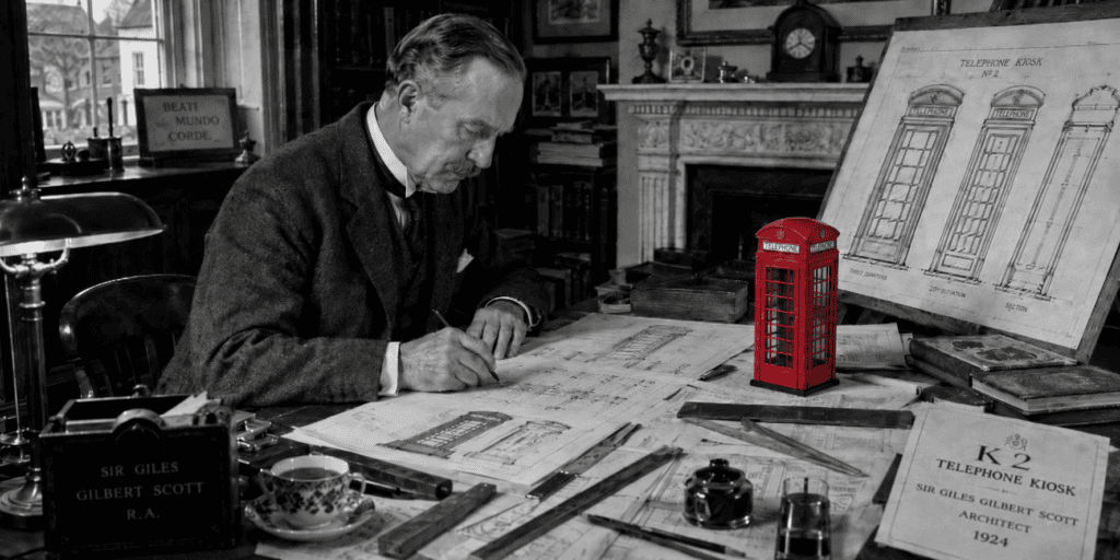 Historische scène van een Britse architect die aan zijn tekentafel de K2-telefooncel ontwerpt, met bouwtekeningen en een rood schaalmodel.