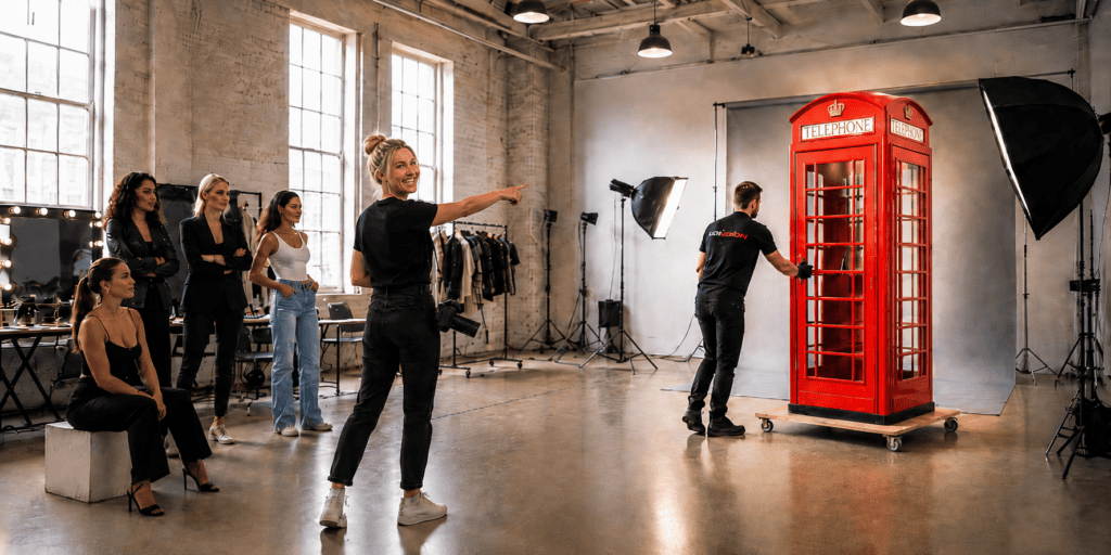 Medewerker van EventTelefoon plaatst een rode Britse telefooncel op wielen in een fotostudio, terwijl een fotografe en modellen toekijken.