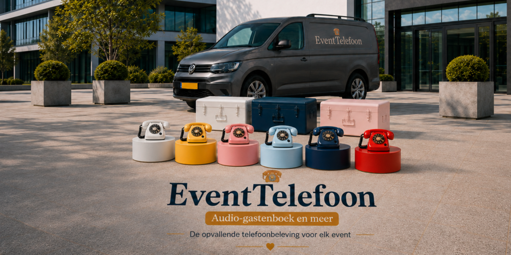 Zes kleurrijke retro audiogastenboeken met transportkoffers voor een bedrijfsgebouw, naast de bedrijfsbus van EventTelefoon.
