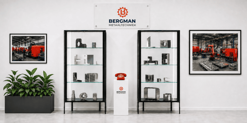 Productpresentatie van Bergman Metaaltechniek met metalen onderdelen in verlichte vitrinekasten en een rode EventTelefoon waarmee bezoekers meer informatie kunnen beluisteren.