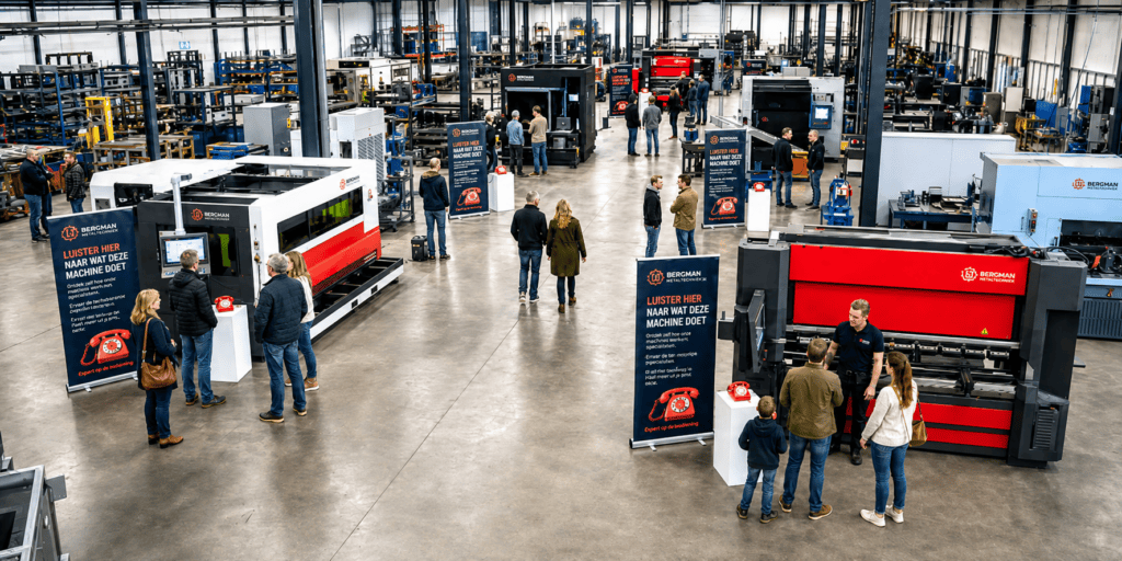 Bezoekers lopen tijdens een open dag door de productiehal van Bergman Metaaltechniek, waar grote machines draaien en informatiestands met retro telefoons uitleg geven over het productieproces.