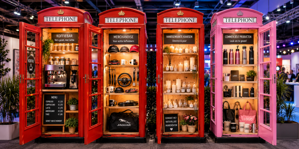 Vier Britse telefooncellen op een beursvloer ingericht als koffiebar, merchandise-display, kaarsenwinkel en presentatieplek voor commerciële producten.