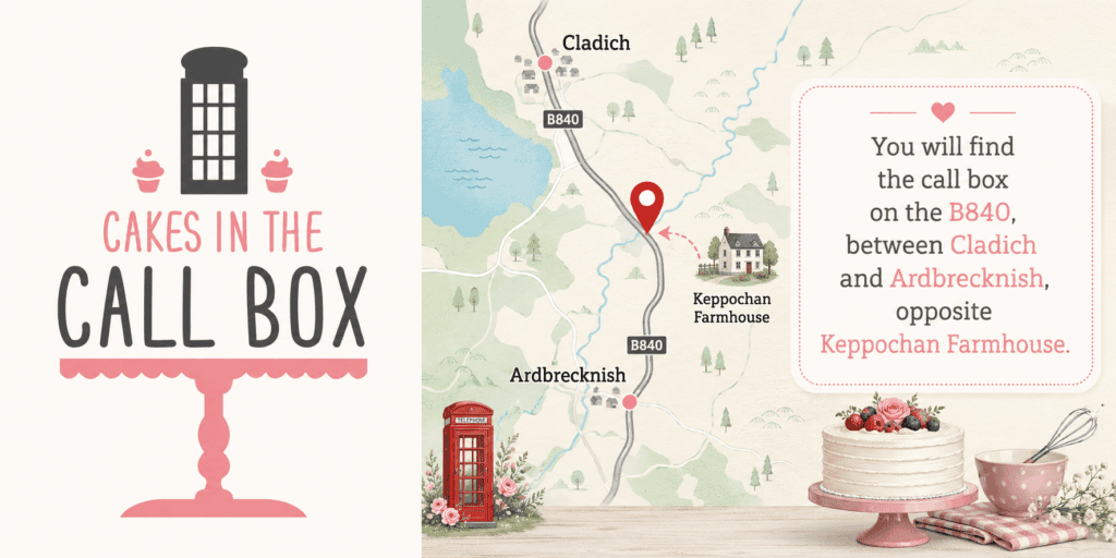 Geïllustreerde routekaart naar Cakes in the Call Box aan de B840 tussen Cladich en Ardbrecknish, tegenover Keppochan Farmhouse.