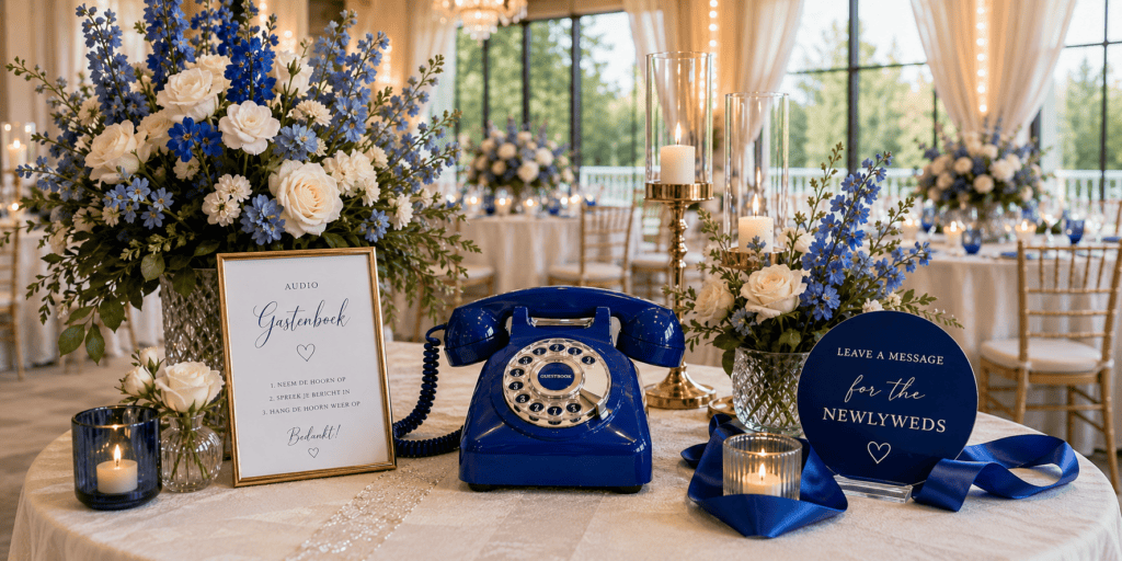Kobaltblauw audio-gastenboek van EventTelefoon op een stijlvol gedecoreerde bruiloftstafel met blauwe en witte bloemen, kaarsen en instructiebordjes.