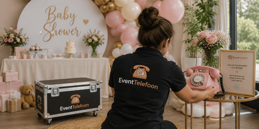 Medewerker van EventTelefoon plaatst een roze audiogastenboek met instructiebord op een feestelijk aangeklede babyshower.
