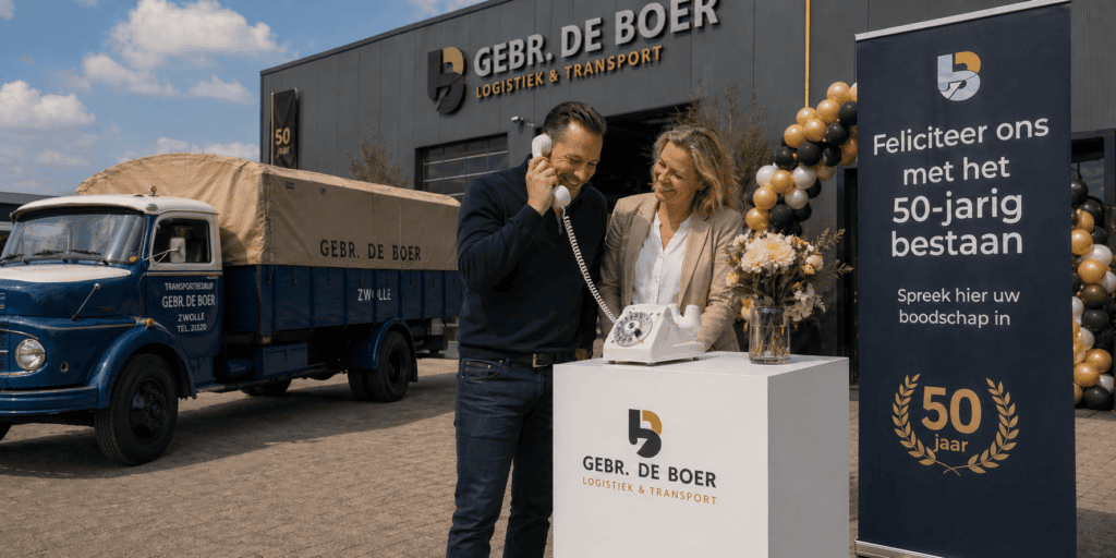 Man spreekt via een wit audiogastenboek een felicitatie in tijdens het 50-jarig jubileum van Gebr. De Boer Logistiek & Transport.