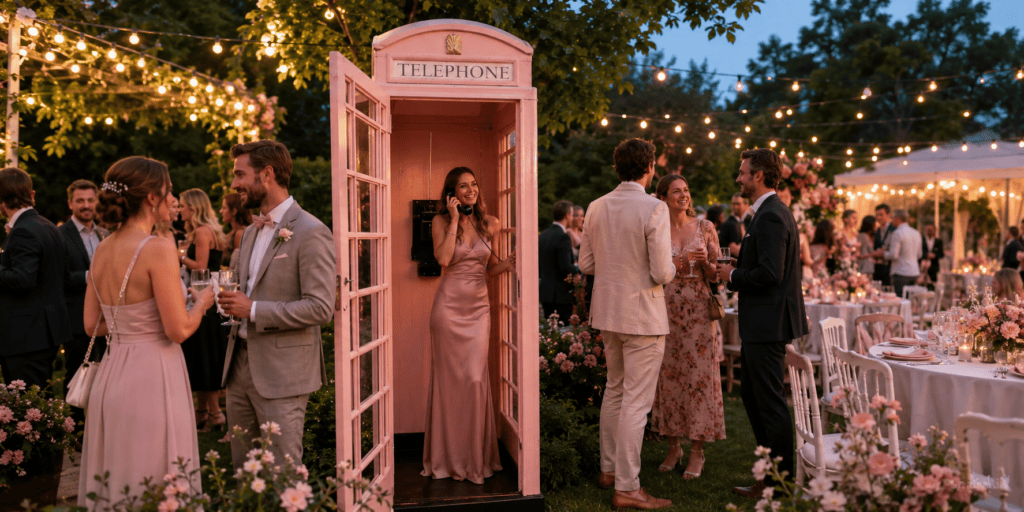 Gast spreekt een boodschap in via de telefoon in een roze Britse telefooncel tijdens een sfeervolle buitenbruiloft met feestverlichting en bloemen.