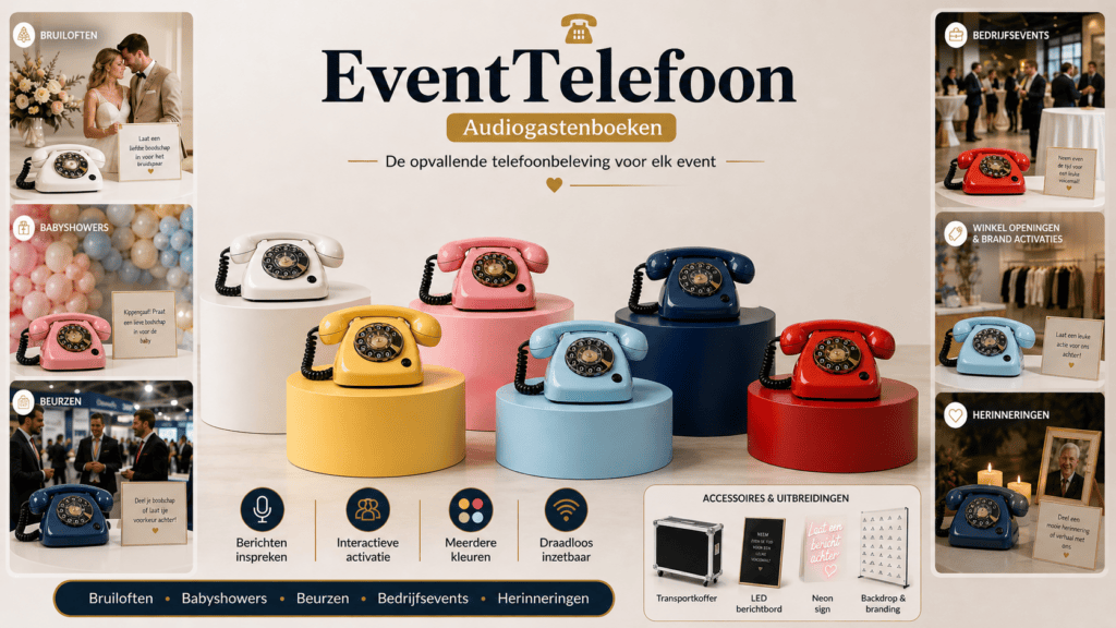 Overzicht van EventTelefoon-audiogastenboeken in verschillende kleuren voor bruiloften, babyshowers, beurzen, bedrijfsevents, winkelopeningen en herdenkingen.
