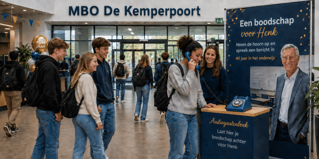 Student spreekt via een blauw audiogastenboek van EventTelefoon een boodschap in voor Henk bij MBO De Kemperpoort.