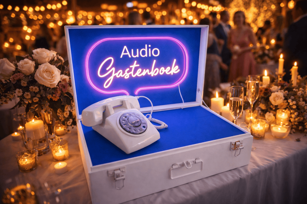 Wit audio-gastenboek in een verlichte koffer met neonbord, bloemen en kaarsen tijdens een sfeervolle bruiloft.