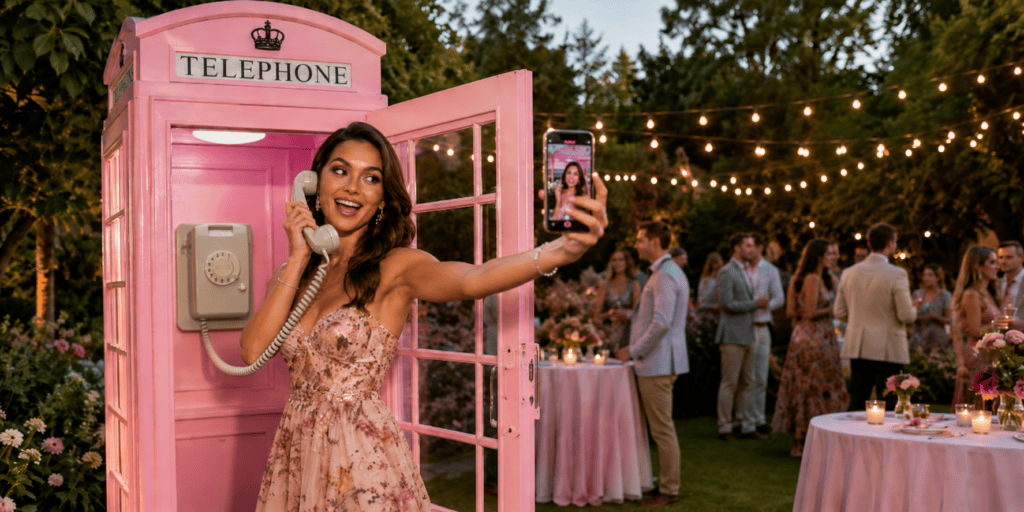 Vrouw maakt een selfie terwijl ze een audiobericht inspreekt in een roze telefooncel van EventTelefoon tijdens een sfeervol tuinfeest.