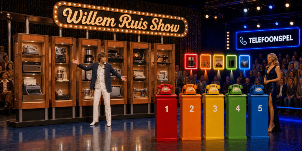 Telefoonspel van EventTelefoon met vijf gekleurde telefoonzuilen in een feestelijke tv-studio met presentatoren en publiek.