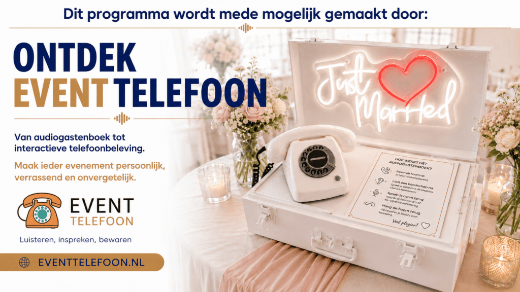 Sponsorbanner van EventTelefoon met een wit audiogastenboek in een Neon koffer van Eventtelefoon samen met een retro draaischijftelefoon, bloemen en de tekst ‘Ontdek EventTelefoon’.