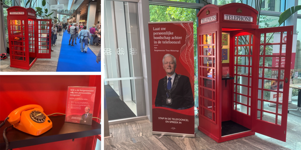 Collage van een rode Engelse telefooncel op de locatie gemeentehuis Tilburg, met links de telefooncel langs een blauwe loper, onderaan een oranje draaischijftelefoon op een plank en rechts de open telefooncel naast een banner waarop bezoekers worden uitgenodigd een persoonlijke boodschap achter te laten.