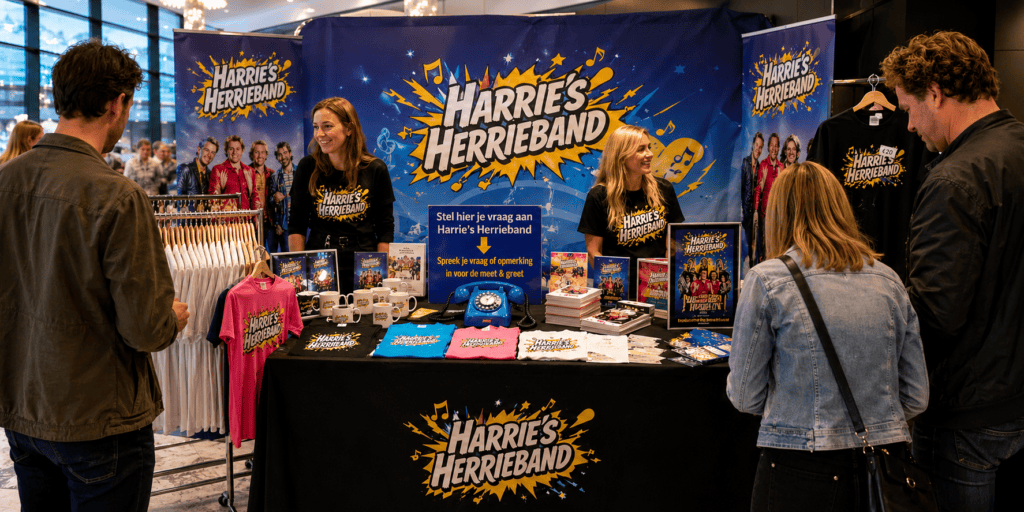 Merchandisestand van Harrie’s Herrieband met fans, medewerkers en een blauwe EventTelefoon waarmee bezoekers vragen inspreken voor de meet & greet.