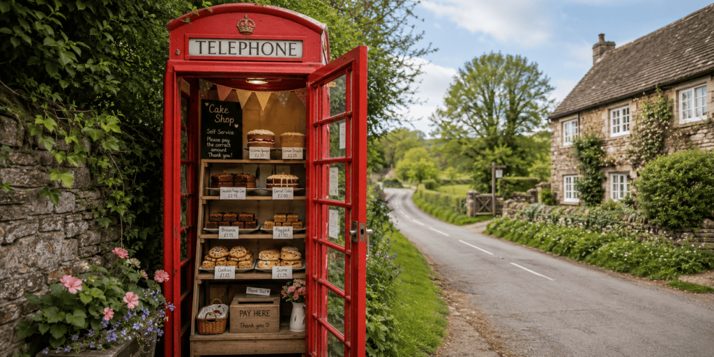 Rode Britse telefooncel ingericht als zelfbedieningswinkel met taarten, brownies, koekjes en scones langs een landelijke weg in Engeland.