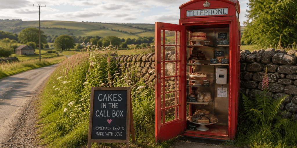 Rode Britse telefooncel langs een landelijke weg, ingericht als zelfbedieningswinkel met huisgemaakte taarten, brownies en koekjes.
