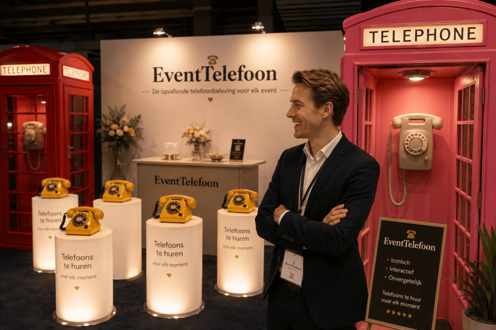 Beursstand van EventTelefoon met rode en roze Britse telefooncellen, een man in pak, verlichte zuilen met gele retro telefoons en branding op de achterwand.