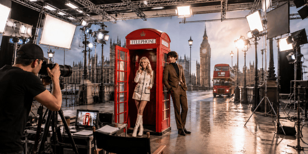 Fotograaf maakt een professionele fotoshoot met een man en vrouw bij een rode Britse telefooncel in een Londens studiodecor.